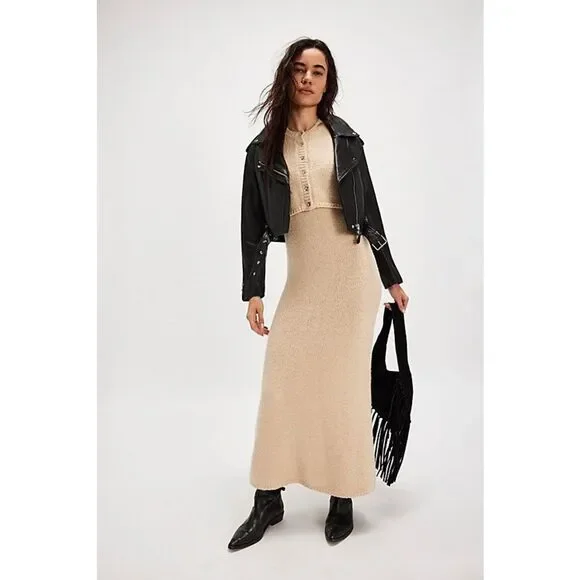 Free People Audrey Sweater Set Maxi Dress Cardigan A Line Knit Tan XS NEW NWT